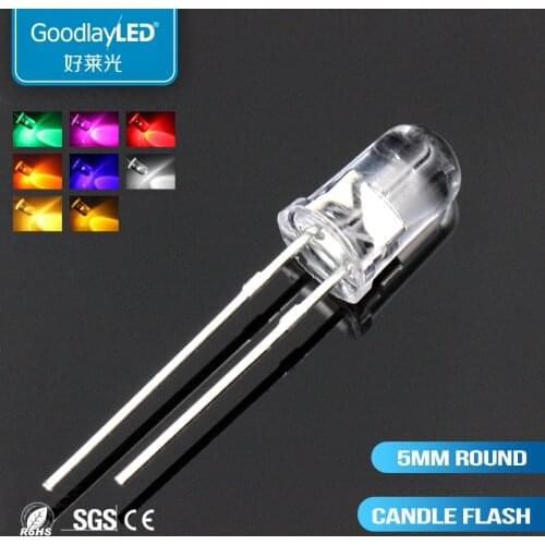 1000pcs5MM Round Head Candle Flashing Red, Blue, Green, Yellow, Orange, Warm White, Pink LEDin-line Lamp Beads