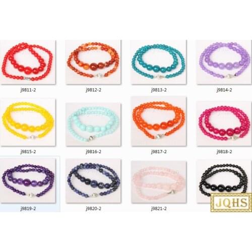 17" 6-14mm round green pink blue purple Multicolor jades black agates bead necklace j9822