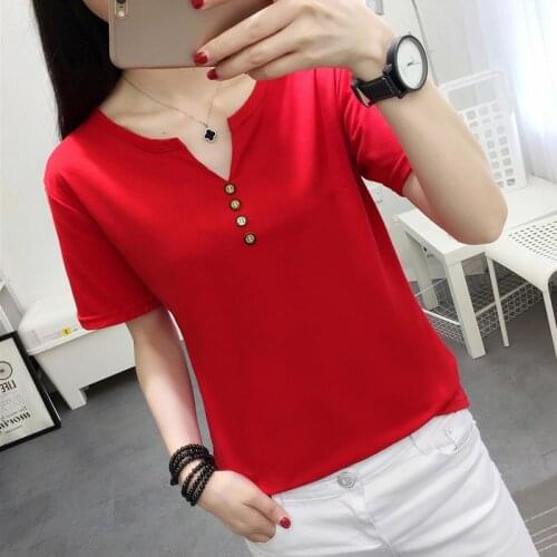 2021 Summer New Arrival Solid Color V-Neck Minimalism Casual All Matched Short Sleeves Women T-shirt