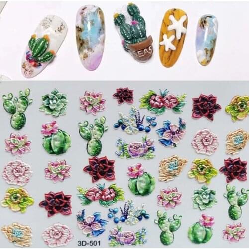 3D Acrylic Engraved Flower Nail Sticker Embossed Unicorn Cactus Goldfish Bird Nail Water Decals Empaistic Nail Water Slide Decal