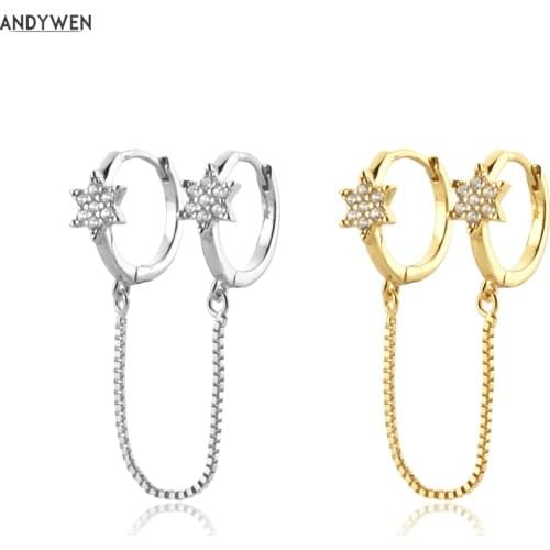 ANDYWEN 925 Sterling Silver Gold Star Zircon CZ Huggies Chain Hoops Earring Circle Pendiente Luxury Jewelry For Women Fashion