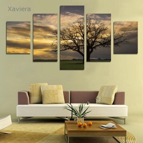 Hd Mural Canvas Painting Modern Grassland Big Tree Landscape Art Poster Modular Five-Piece Set Mural Home Decoration Frameless