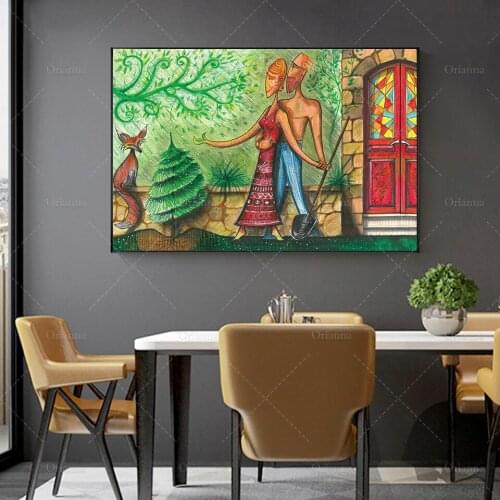 Art Canvas "Intruder"- Couple Gardening With Fox Friend Illustrated Wall Art Posters, Bedroom Decoration Canvas Painting Prints