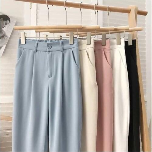 Summer Women Suit Pants Elastic High Waist Koren Thin Style Loose straight Ninth Femal Trousers Ladies FashionCasual Slacks 2021