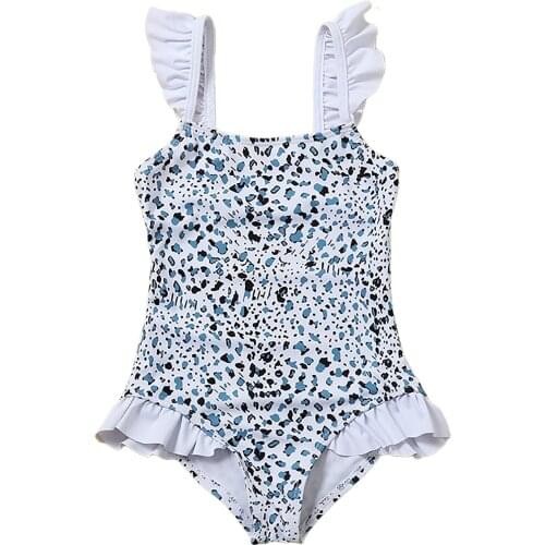 Little Girl’s Fashion Leopard Swimsuit Sweet Ruffles One-Piece Suspender Triangle Swimwear