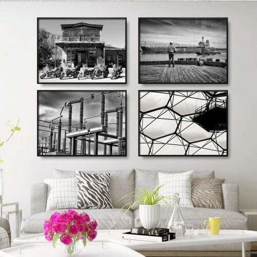Wall Art Canvas Posters Prints Paintings Black White Wall Picture for Living RoomBlack and white Industrial Building