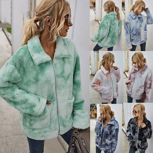New Autumn Winter European and American Women Tie-Dye Loose Short Lapel Pocket Plush Thick Coat Collar Open Overcoat