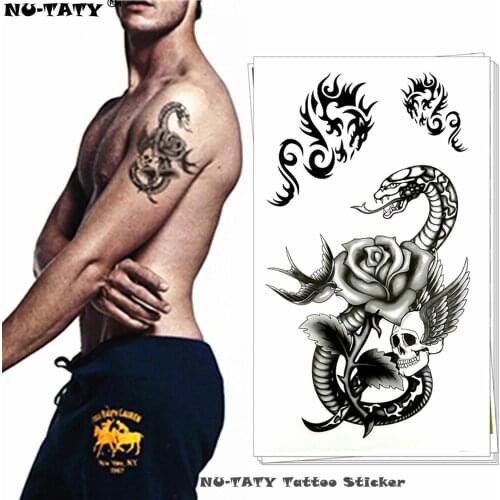 Nu-TATY Black Skull Snake Temporary Tattoo Body Art Flash Tattoo Stickers 17*10cm Waterproof Fake Tatoo Car Styling Wall Sticker