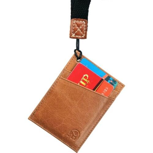 Wholesale 100% Genuine Leather Lanyard Card Holder Wallet Thin ID Pocket Credit Card Holder Slim Travel Cash Cards Pack Cheap