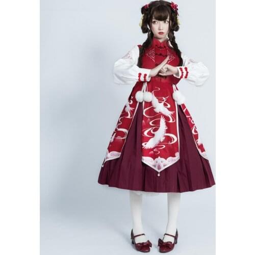 Chinese style sweet lolita dress vintage han element o-neck printing frog victorian dress kawaii girl gothic lolita jsk loli cos
