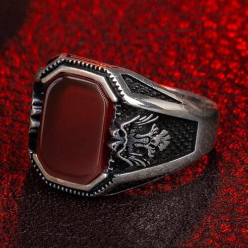 Plain Model Red Onyx Gemstone Double Hawk Motif Ring 925 Sterling Silver Handcarved Men Jewelry Vintage Silver Accessory
