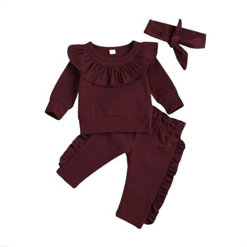 0-24M Newborn Baby Girls Long Sleeve Sweatershirt Top + Pants + Headband Outfits 3Pcs Solid Clothing Set Toddler Outfit