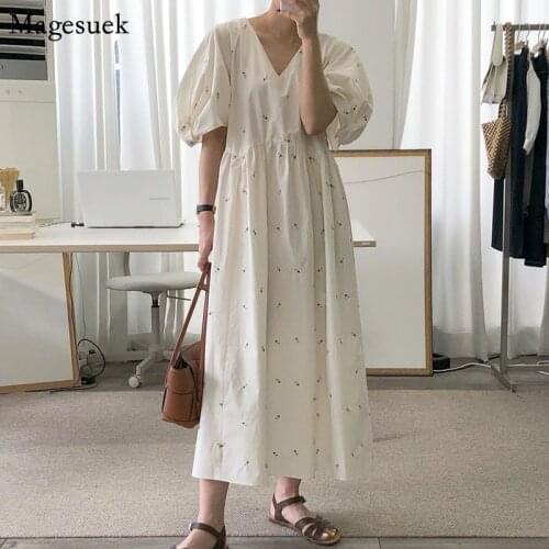Vintage Embroidery Floral Women Dress Summer Korean V-neck Loose Plus Size Dresses Casual Puff Sleeve Long Dress Vestidos 13845
