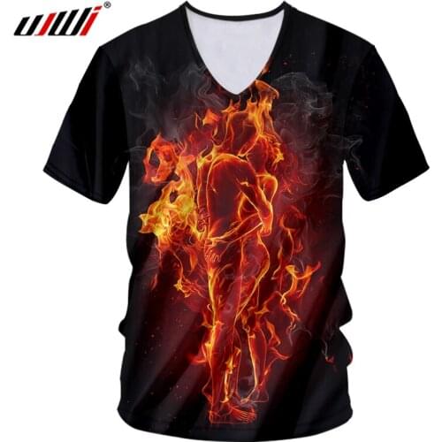 UJWI Mens Novel V Neck Tshirt 3D Printed Flame Lovers couple Hug Couple Tee Shirt Handsome Hip Hop Man Gothic Glitter T-shirt