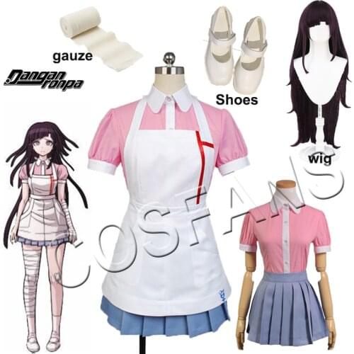 Dangan Ronpa 2 Mikan Tsumiki women Cosplay Costume custom any size Halloween Cosplay Shirt + skirt + apron and Gauze wigs shoes