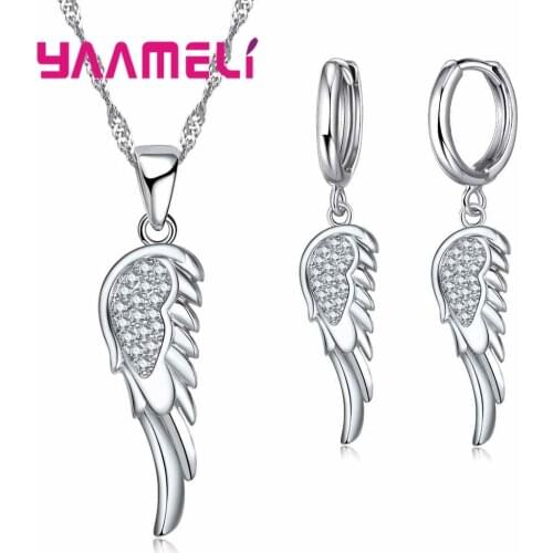 Angle Wing 925 Sterling Silver Pendants Necklace Dangle Earrings Set For Wedding Women CZ Zircon Engagement Jewelry Sets
