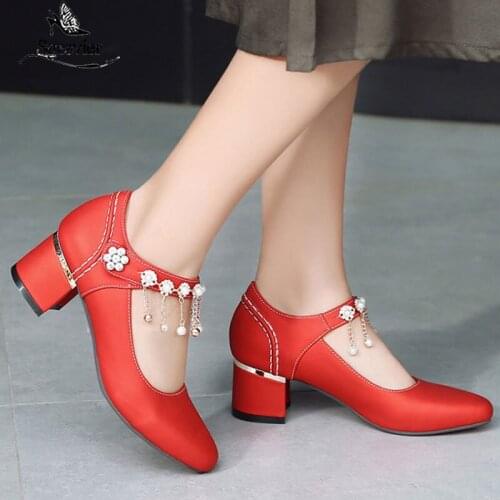 Sgesvier Autumn New Style Thick Heel Rhinestone Wedding Womens Pumps Round Toe Office Ladies Dress Shoes Woman Size 31-48 B547