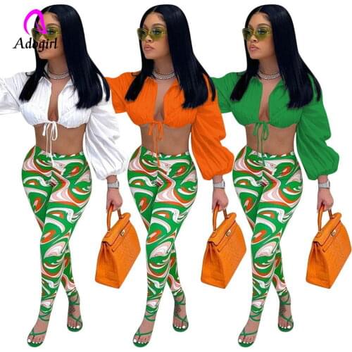 Paisley Women 2 Piece Set Long Sleeve Lace Up Crop Shirts + Skinny Leggings Matching Set 2021 Autumn New Sexy Club Party Outfits