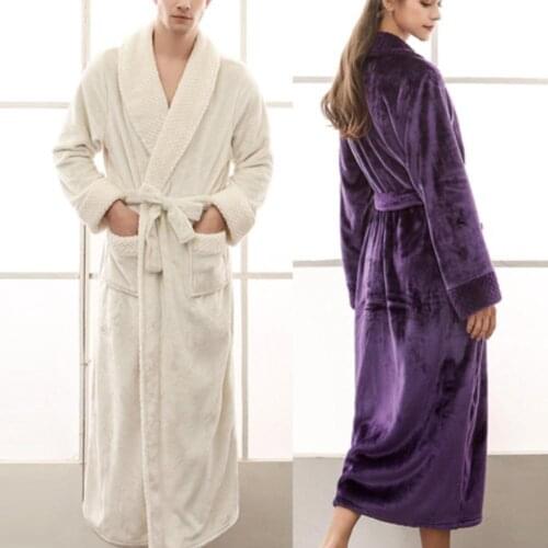 Women Men Winter Soft Solid Color Thick Warm Long Bath Robe Home Gown Sleepwear