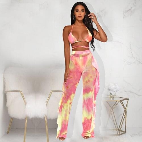 Women Tie Dye Mesh Two Piece Set Two Piece Set with Panties Sexy Bra Ruffle Halter Neck Crop Top Suit with Wide Leg Pant Bikini