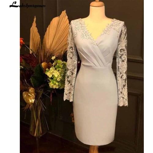 Elegant Mermaid Mother Of The Bride Dresses V Neck With Long Sleeve Appliques Women Wedding Guest Gown Short Mother Dress
