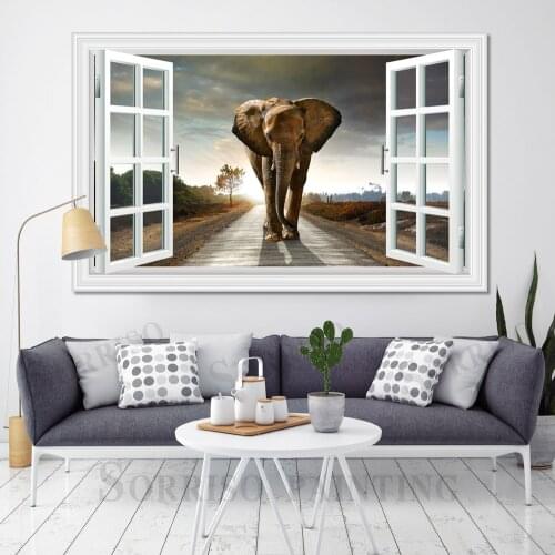 Animals Lion Elephant Horse Wall Art Pretend Window Design Canvas Painting Posters Picture Prints Home Living Room Decor