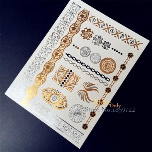 1PC Exquisite Flash Tattoos Gold Silver Metallic Tattoos Men Women Henna Indian Flower Lace Bracelet Waterproof Temporary Tattoo