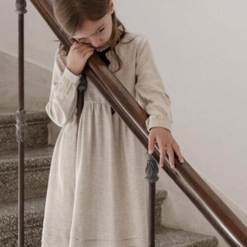 2021 Infants Autumn Girls Linen and Cotton Solid Color Long Sleeve Princess Dress Pleated Lace Temperament Princess Dresses