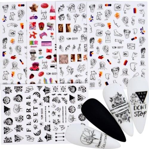 3D Nail Sticker Abstract Lady Face Nail Decals Black Leaf Sliders Paper Nail Art Stickers Snowflake DIY Nail Art Decoration