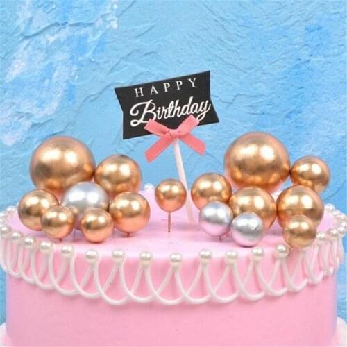 5PCS Golden Ball Cake Topper Cupcake Insert Card Flag for Happy Birthday Party Cake Decoration Wedding Christmas Ball Decor