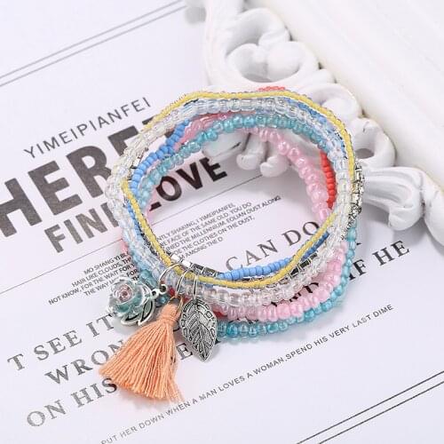 Bohemia Multilayer Beads Bracelets & Bangles For Women Jewelry Rose Flower Charm Wrap Bracelets pulseira Femme Girls