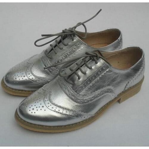 Gold Silver Brand Genuine Leather British Style Bullock Oxford Shoes For Women Carved Flat Heels Lace-up Shoe Flats Zapatos