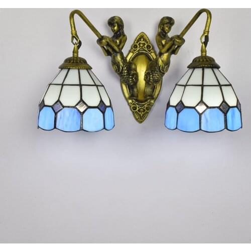 European Style Mermaid Corridor Double-Headed Wall Lamp Mediterranean Blue Colored Glass Living Room Restaurant Bar Glass Lamp