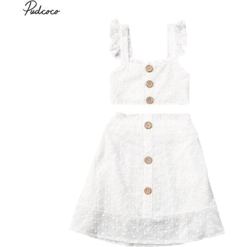 2020 Baby Summer Clothing Infant Kids 1-6T Baby Girls 2Pcs Set Outfits Crops Top Skirts Solid White Buttons Sunsuit