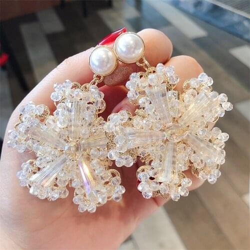 Korean Crystal Snowflake Flower Tassel Earrings Simulation Pearl Female Flower Pendant Earrings Wedding Fashion Jewelry Gifts