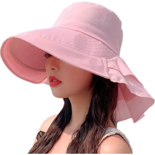 Summer Beach Sun Hats for Women Girls Small Head Ponytail Wide Brim Anti-UV Drawstring Hat Foldable Bucket Cap Sombreros De Sol