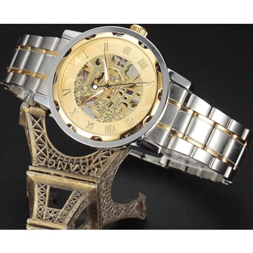 Design Hollow Engraving Skeleton Men Watch Skeleton Roman Numerals Hollow Dial Stainless Steel Band Mechanical Watch Men Gifts
