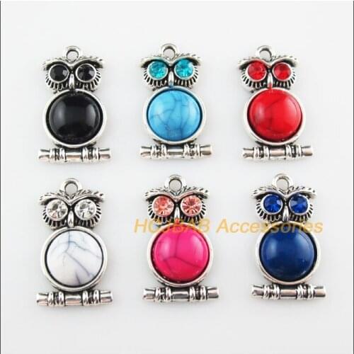 Fashion 6Pcs Tibetan Silver Color Animal Owl Mixed Stone Charms Pendant 16.5x28mm