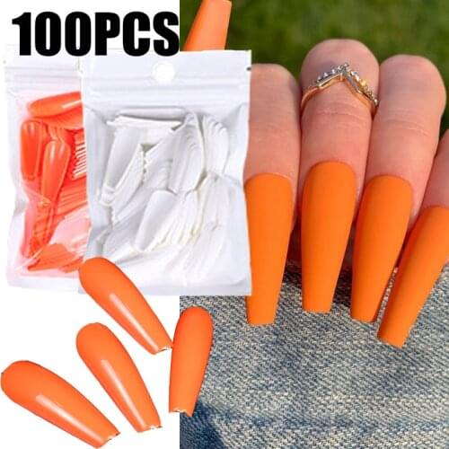 100 Pcs Long Full Cover False Nails Solid Color Coffin Ballerina UV Acrylic Manicure French False Nail Tips Press on Nail