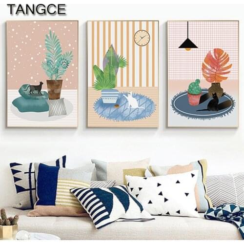 Cartoon Animal Cat Posters Prints Plant Potted Canvas Painting Minimalist Wall Art Pictures for Children Room Nursery Cuadros