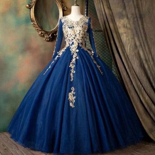 Navy Blue Long Sleeve Party Dress Quinceanera Dresses Classic Prom Dress 9 Colors Ball Gown Vintage Robe De Bal Plus Vestidos
