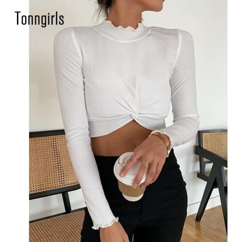 Tonngirls Autumn T Shirt Women Casual Long Sleeve Crop Top Turtleneck White Tee Tops Y2k Vintage T Shirt Streetwear Tops Female