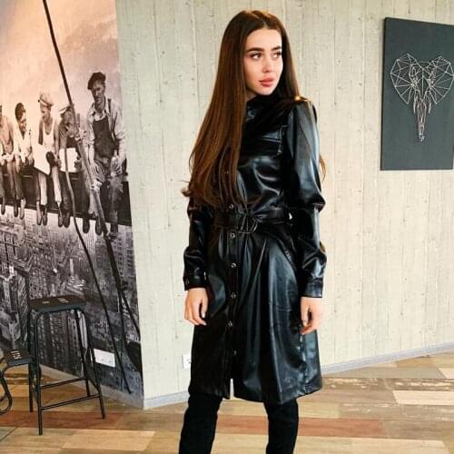 Women Vintage PU Front Buttons Belt Dress Sexy Turn Down Coller Long Sleeve Slim A-line Party Dress 2021 New Early Spring Dress