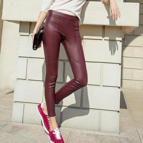 2020 New Women Sexy Genuine Leather Pencil Pants High Waist Push Up Skinny Trousers Office Lady Slim Fit Sheepskin Leather Pants