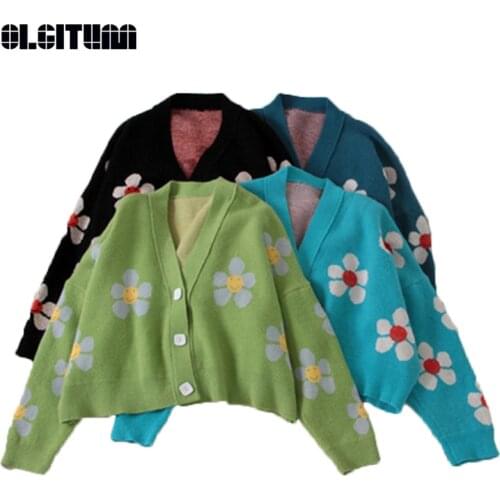 Preppy Style Floral Printing Knit Cardigans Sweater Women V-neck Loose Elegant Cardigan Oversized All-match Sweater One Size