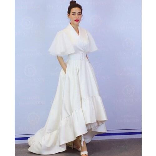 STYLISH LADY Hi Low Ruffle Dress 2021 Summer Women Short Sleeve V Neck White Elegant Office Lady Front Short Back Long Dress