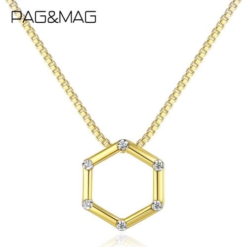 PAG&MAG Simple Sterling Silver 925 Geometric Pendant Necklace For Women Charm Cubic Zirconia 18K Gold Plated Necklace SN0297