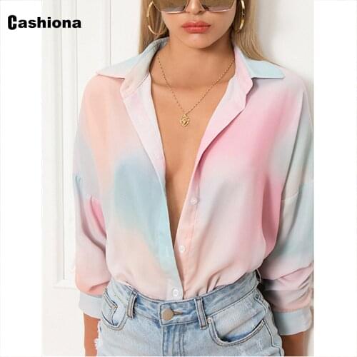 2021 Single-Breasted Womens Long Sleeve Casual Shirt Blouse Summer Basic Top Women Fashion Tie Dry Print Shirt blusas Sexy Femme