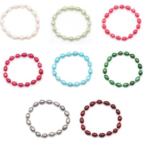 Rainbow AAA Grade Freshwater 7-8MM Pearl Bracelet Christmas Red Green Hot Pink Elastic Wrist Jewelry PB010