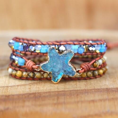 2021 New arrive Natural Stones star Shape Charm Handmade Boho Women Leather Wrap Bracelet gift jewelry Drop Shiping